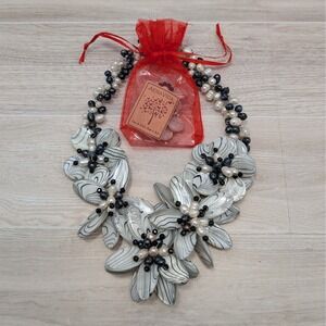 Aeravida Handmade Floral Necklace Earring Set Black White Beads Thailand Artisan